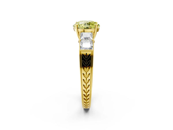 Yellow gold Fancy Yellow Round Cut Solitaire Princess Side Stone Engraved Band Prong Setting Ring