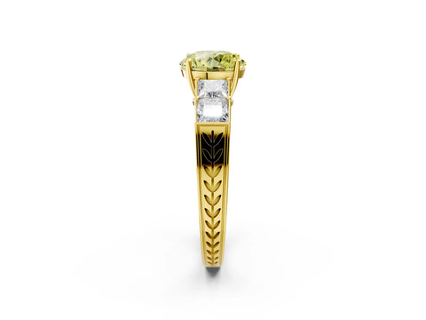 Yellow gold Fancy Yellow Round Cut Solitaire Princess Side Stone Engraved Band Prong Setting Ring_2