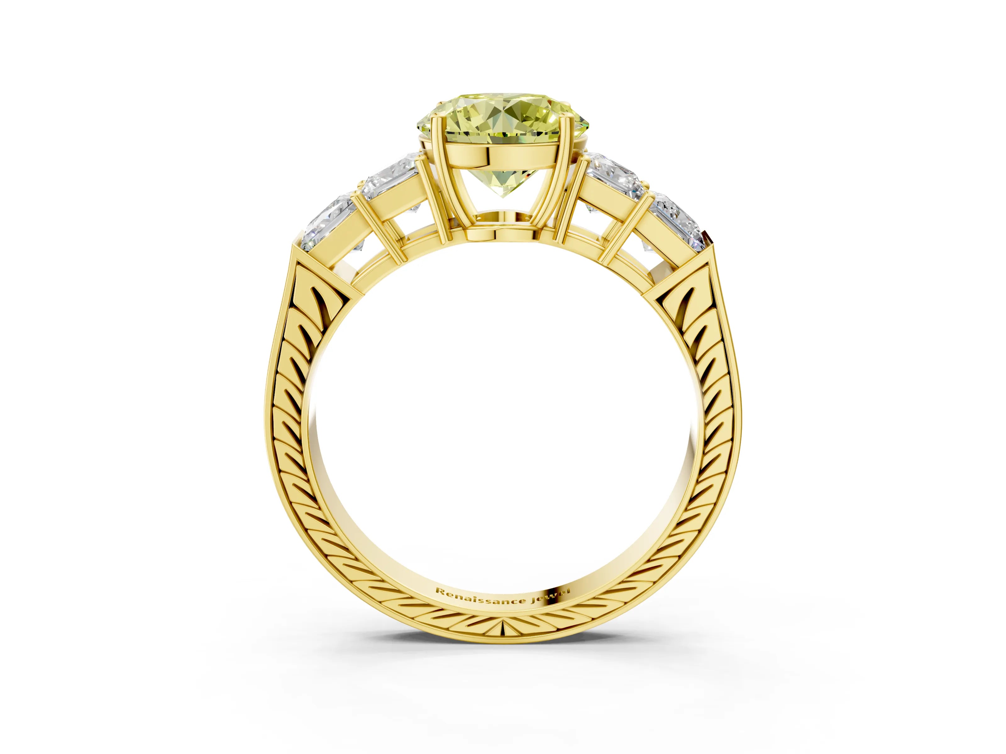 Yellow gold Fancy Yellow Round Cut Solitaire Princess Side Stone Engraved Band Prong Setting Ring_3