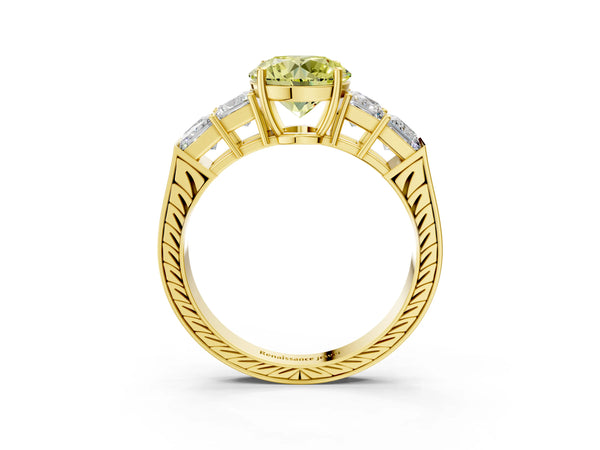 Yellow gold Fancy Yellow Round Cut Solitaire Princess Side Stone Engraved Band Prong Setting Ring