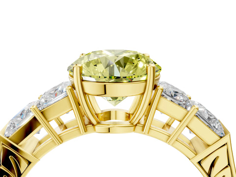 Yellow gold Fancy Yellow Round Cut Solitaire Princess Side Stone Engraved Band Prong Setting Ring_4