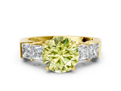 Yellow gold Fancy Yellow Round Cut Solitaire Princess Side Stone Engraved Band Prong Setting Ring