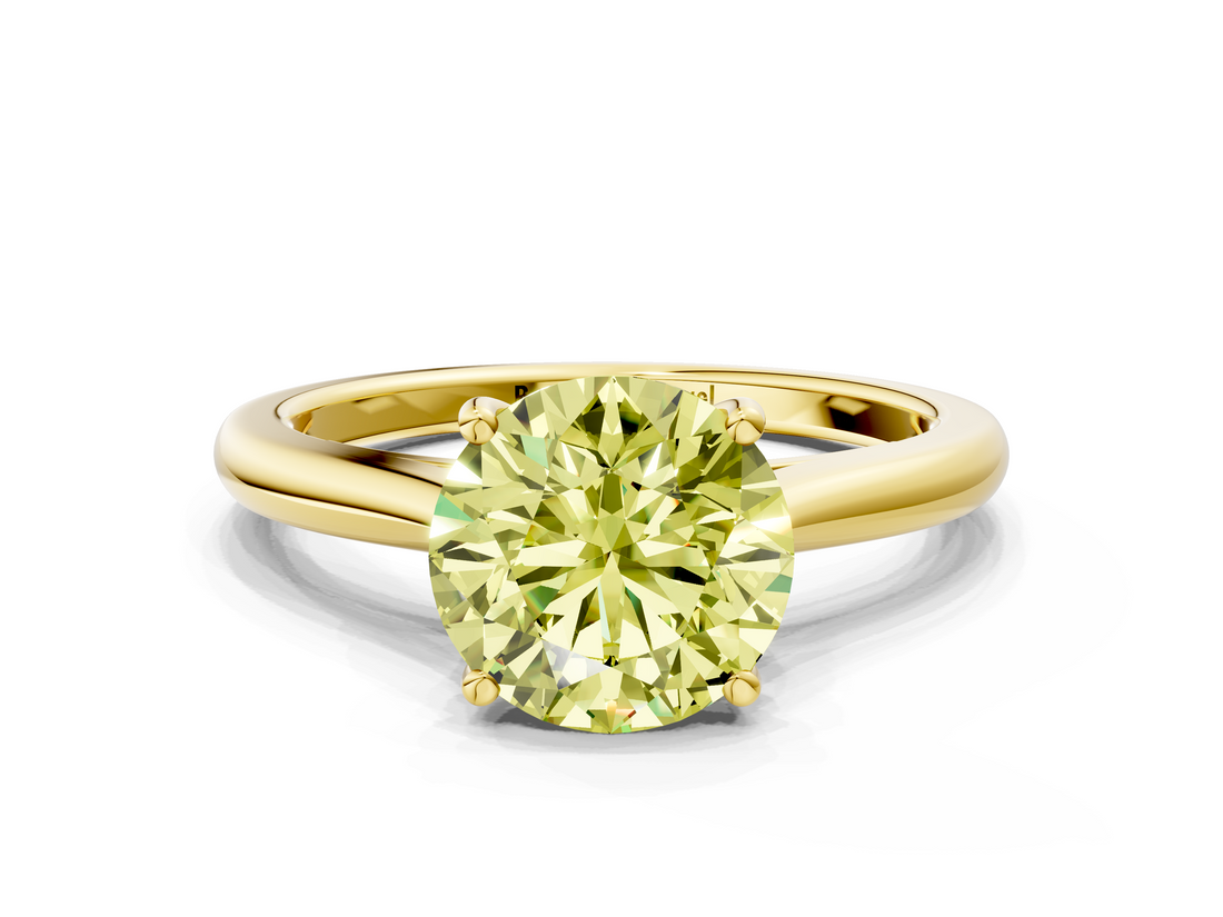 Yellow gold Fancy Yellow Round  Cut Solitaire Ring with Cathedral Band and Four-Prong Setting