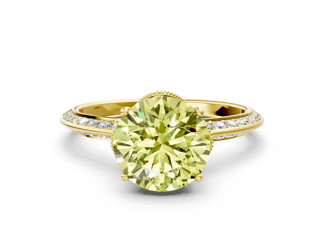 Yellow gold Fancy Yellow Round Cut Solitaire Split Shank Pave Diamond Engagement Ring with Four-Prong Setting