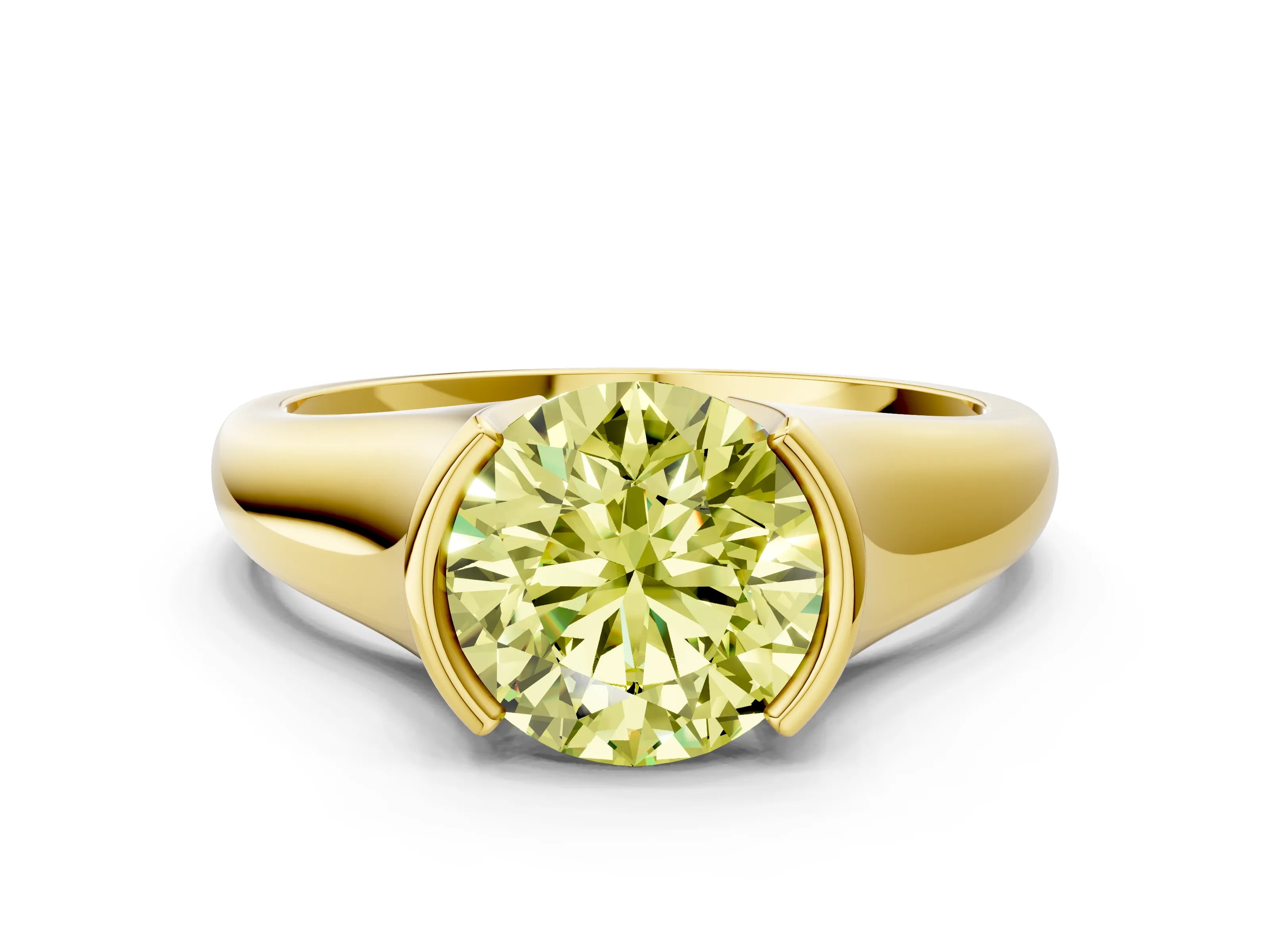 Yellow gold Fancy Yellow Round Cut Solitaire Tension Set Diamond Ring with Split Shank Band