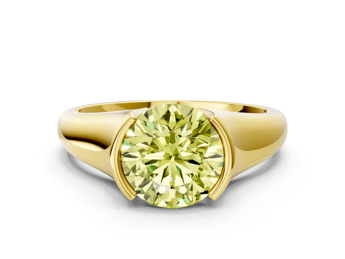 Yellow gold Fancy Yellow Round Cut Solitaire Tension Set Diamond Ring with Split Shank Band