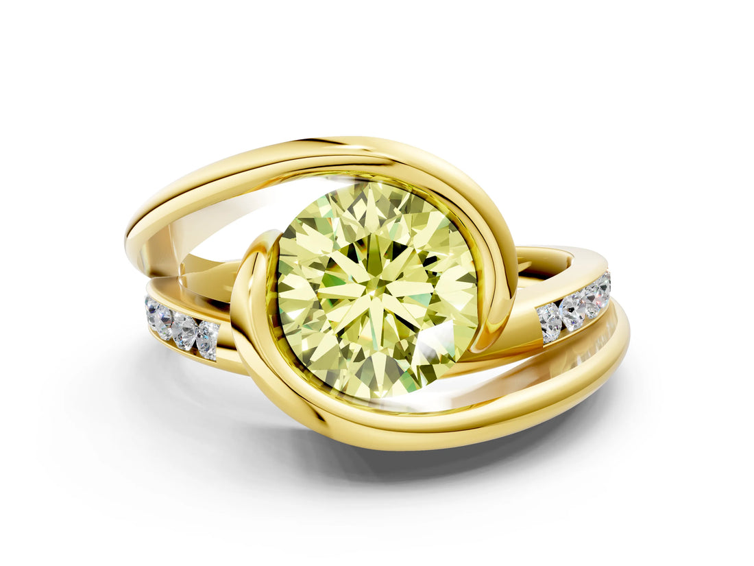 Yellow gold Fancy Yellow Round Cut Solitaire Tension-Set Diamond Split Shank Ring