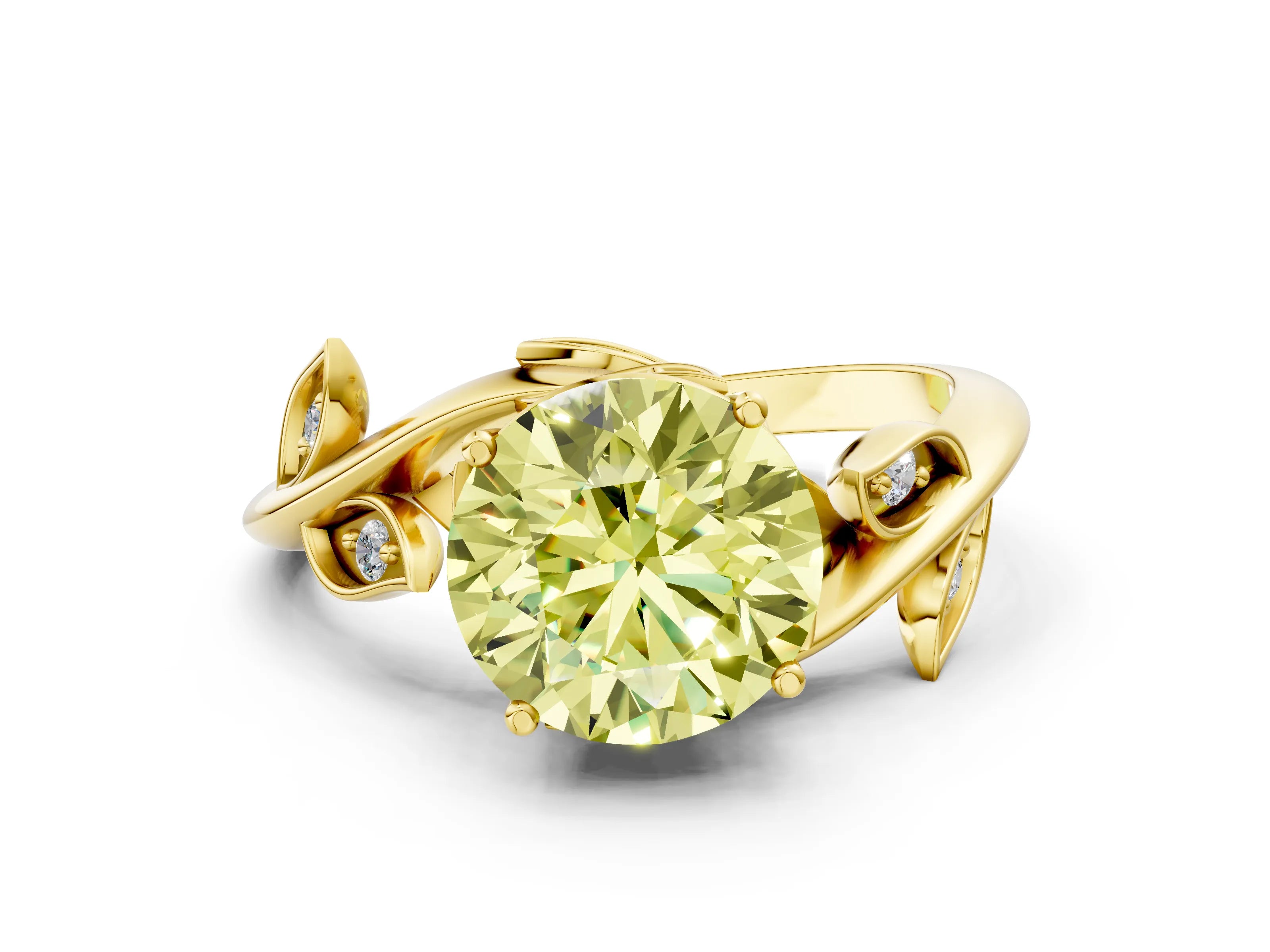 Yellow gold Fancy Yellow Round Cut Solitaire Twist Engagement Ring with Leaf Accents and Prong Setting