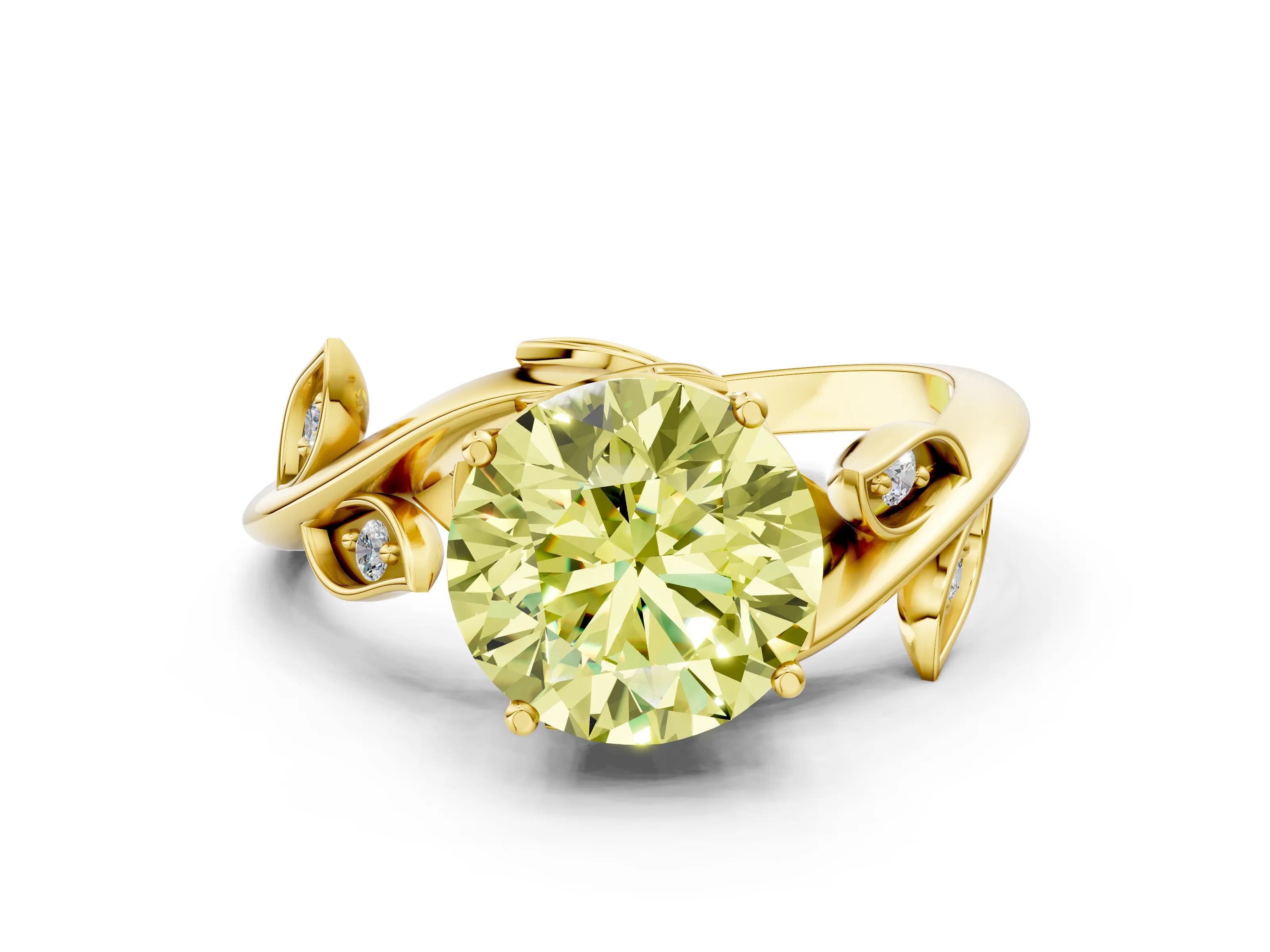 Yellow gold Fancy Yellow Round Cut Solitaire Twist Engagement Ring with Leaf Accents and Prong Setting_12