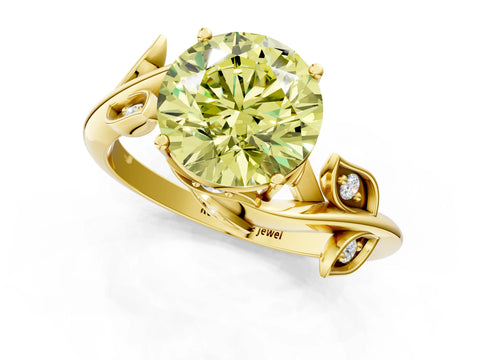 Yellow gold Fancy Yellow Round Cut Solitaire Twist Engagement Ring with Leaf Accents and Prong Setting_13