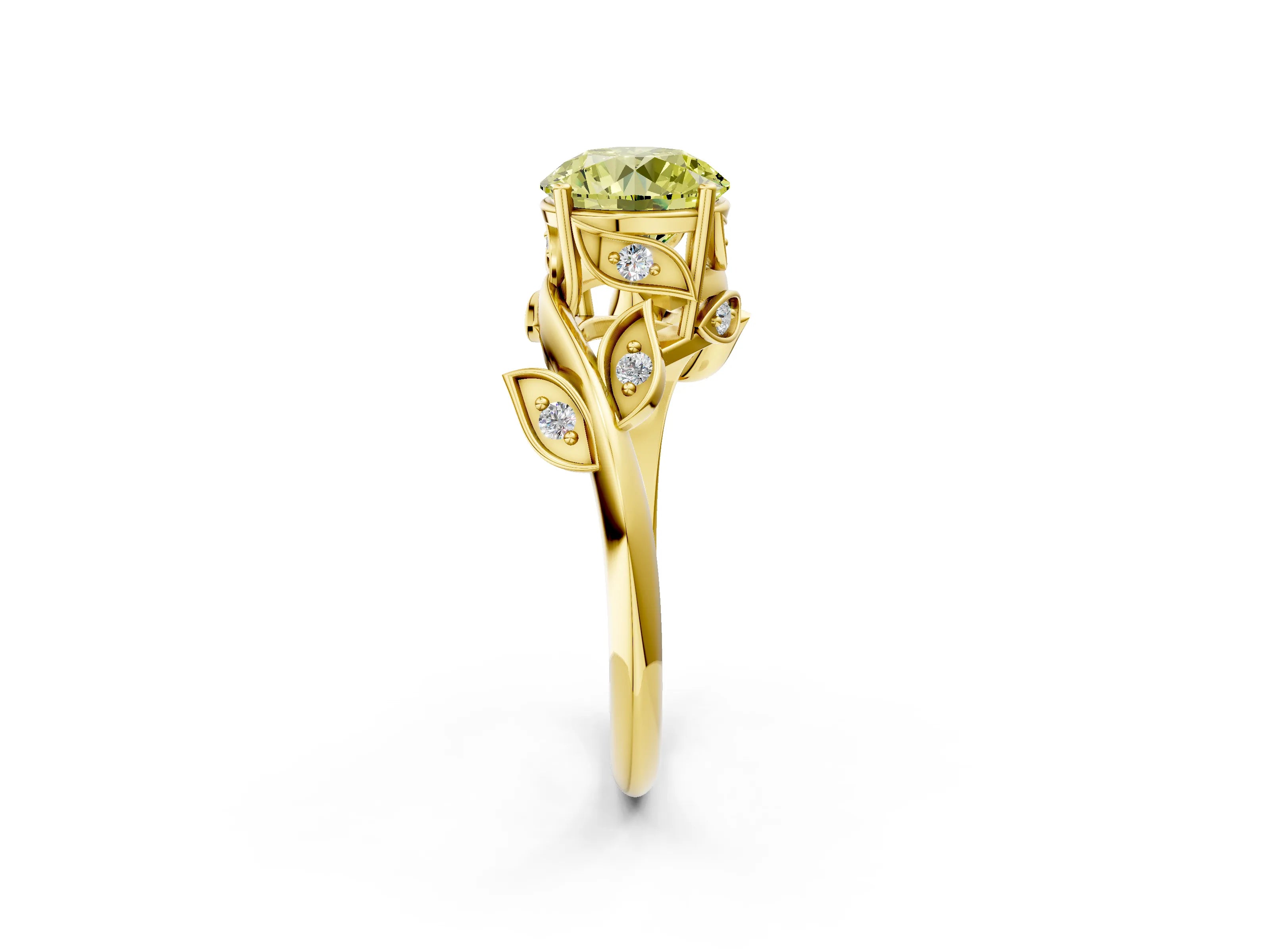 Yellow gold Fancy Yellow Round Cut Solitaire Twist Engagement Ring with Leaf Accents and Prong Setting_14