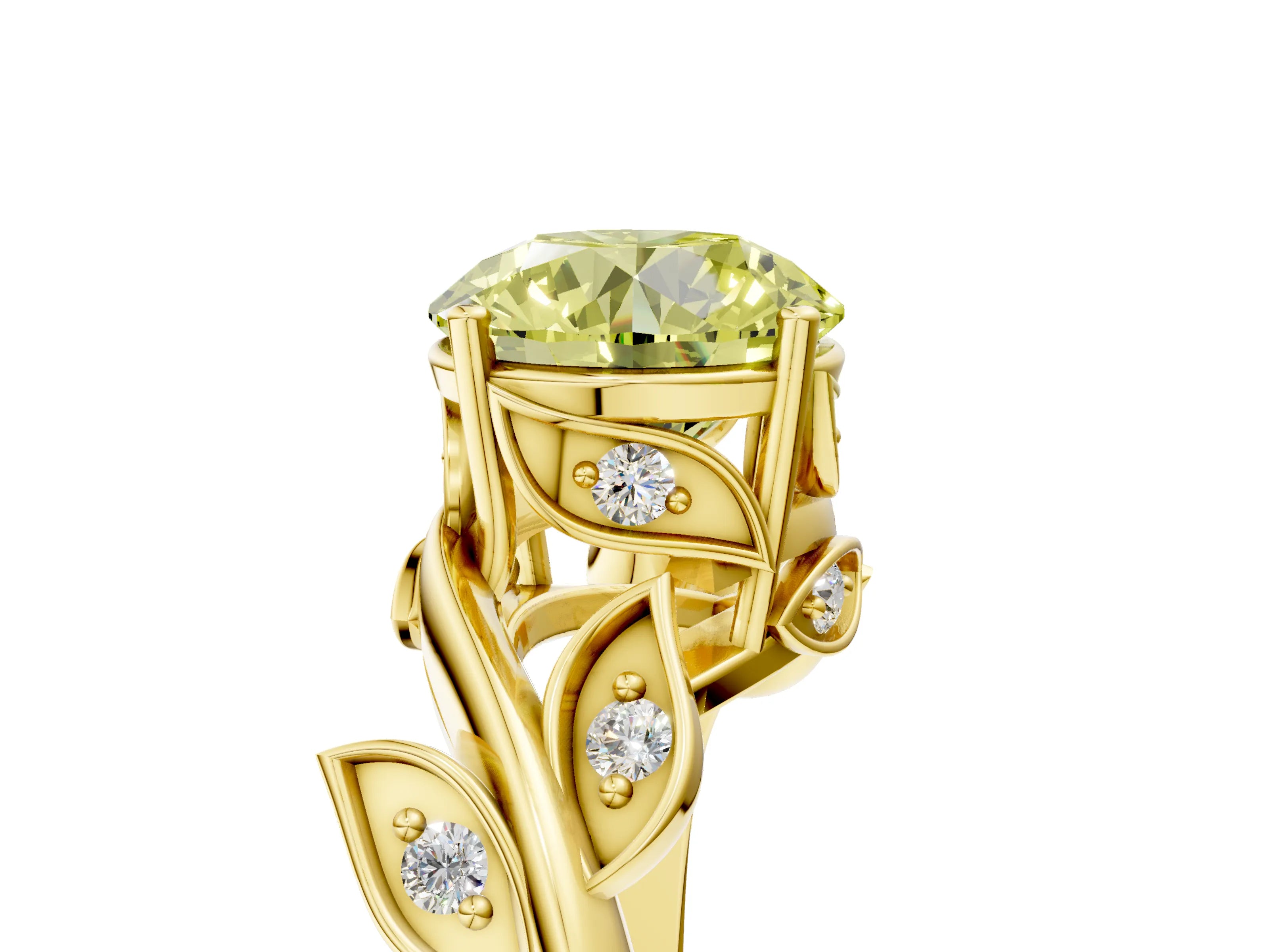 Yellow gold Fancy Yellow Round Cut Solitaire Twist Engagement Ring with Leaf Accents and Prong Setting_17