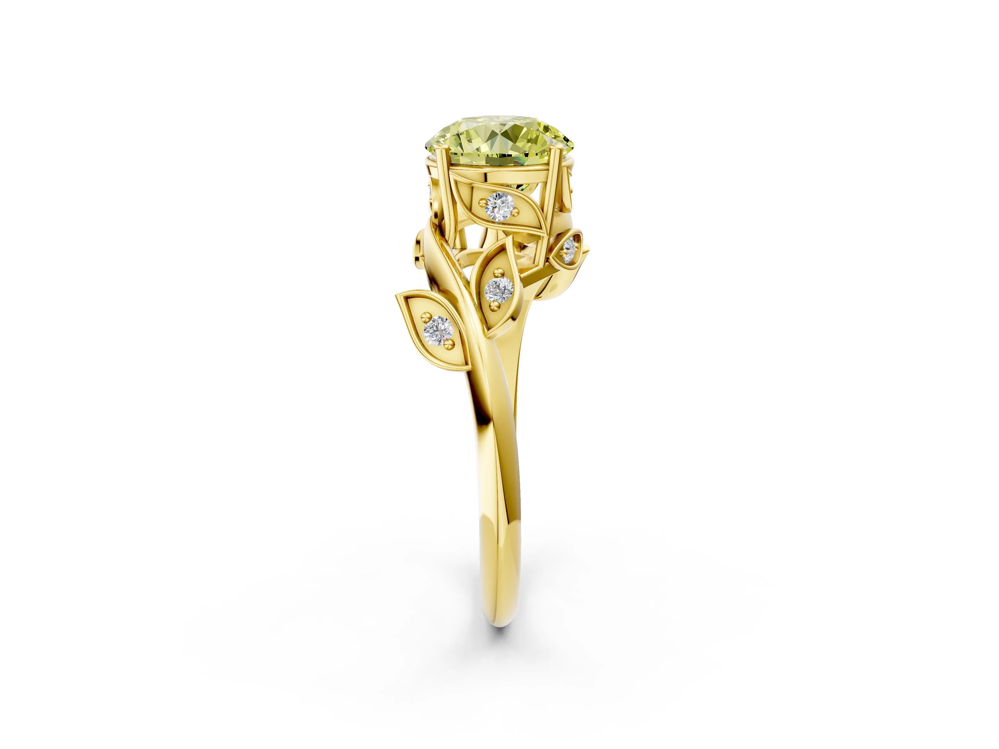Yellow gold Fancy Yellow Round Cut Solitaire Twist Engagement Ring with Leaf Accents and Prong Setting_2