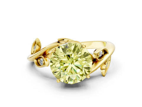 Yellow gold Fancy Yellow Round Cut Solitaire Twist Engagement Ring with Leaf Accents and Prong Setting