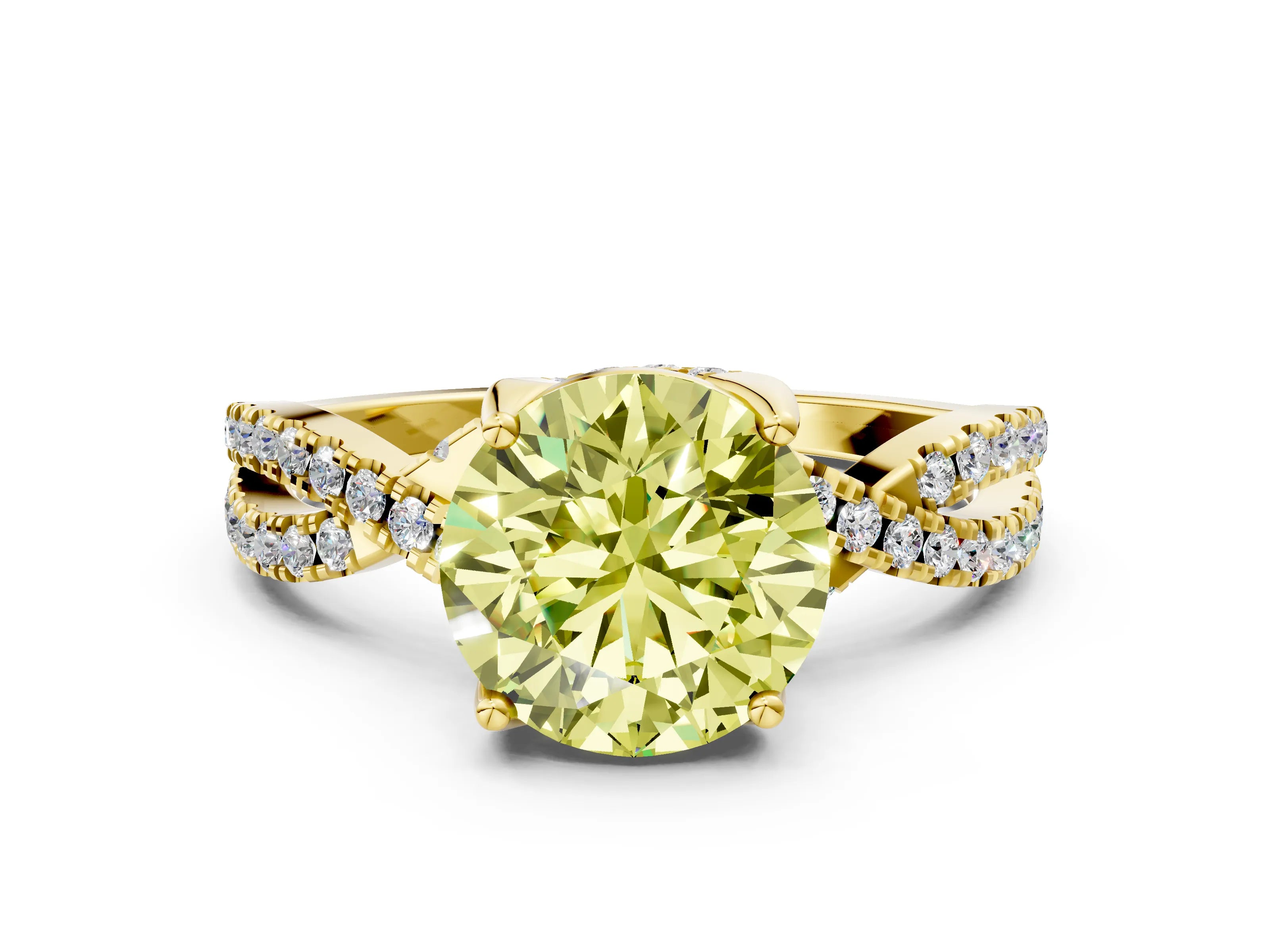 Yellow gold Fancy Yellow Round Cut Solitaire Twist Pave Diamond Engagement Ring with Prong Setting