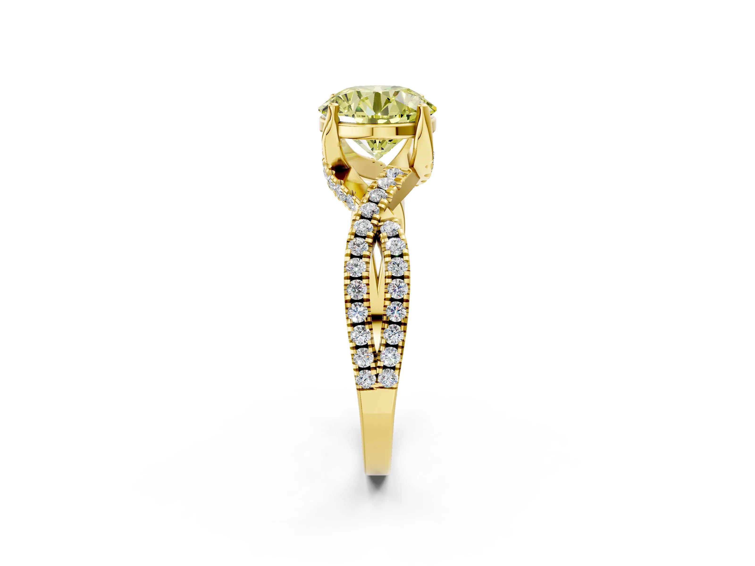 Yellow gold Fancy Yellow Round Cut Solitaire Twist Pave Diamond Engagement Ring with Prong Setting_2