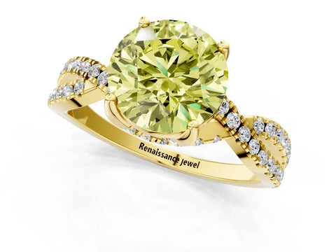 Yellow gold Fancy Yellow Round Cut Solitaire Twist Pave Diamond Engagement Ring with Prong Setting_49