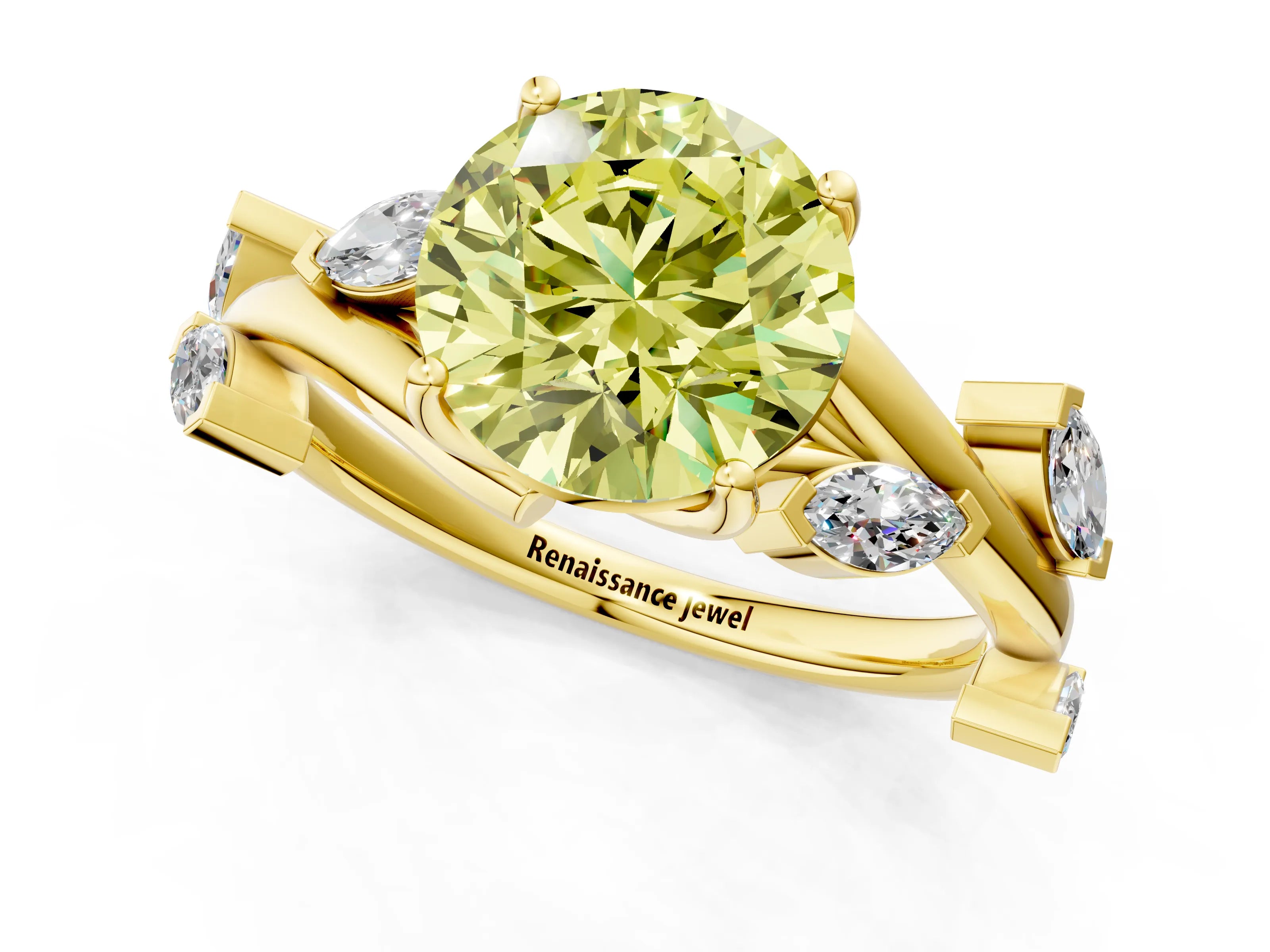 Yellow gold Fancy Yellow Round Cut Solitaire Twisted Band Marquise Accent Prong Setting Ring_1
