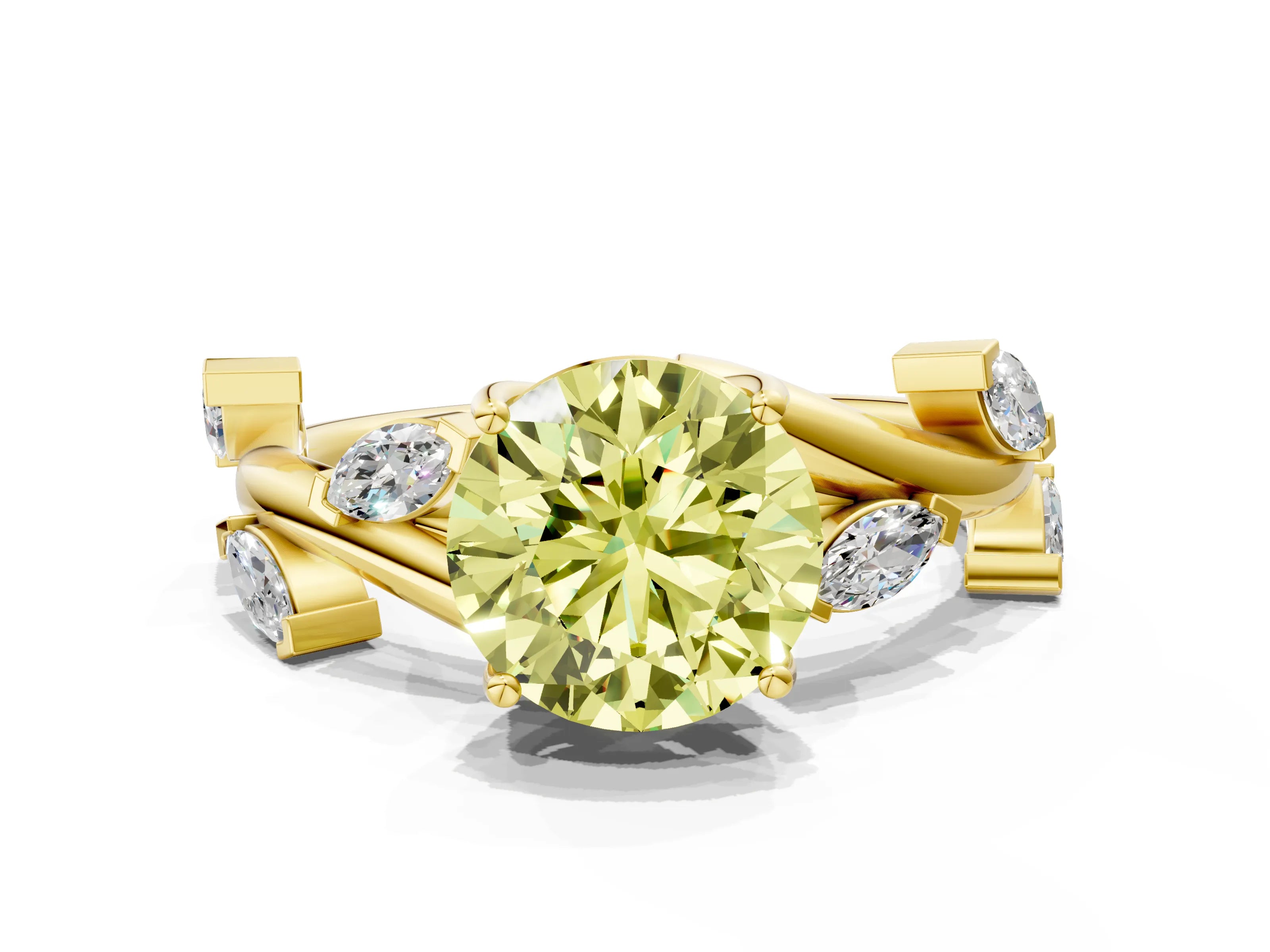 Yellow gold Fancy Yellow Round Cut Solitaire Twisted Band Marquise Accent Prong Setting Ring_12