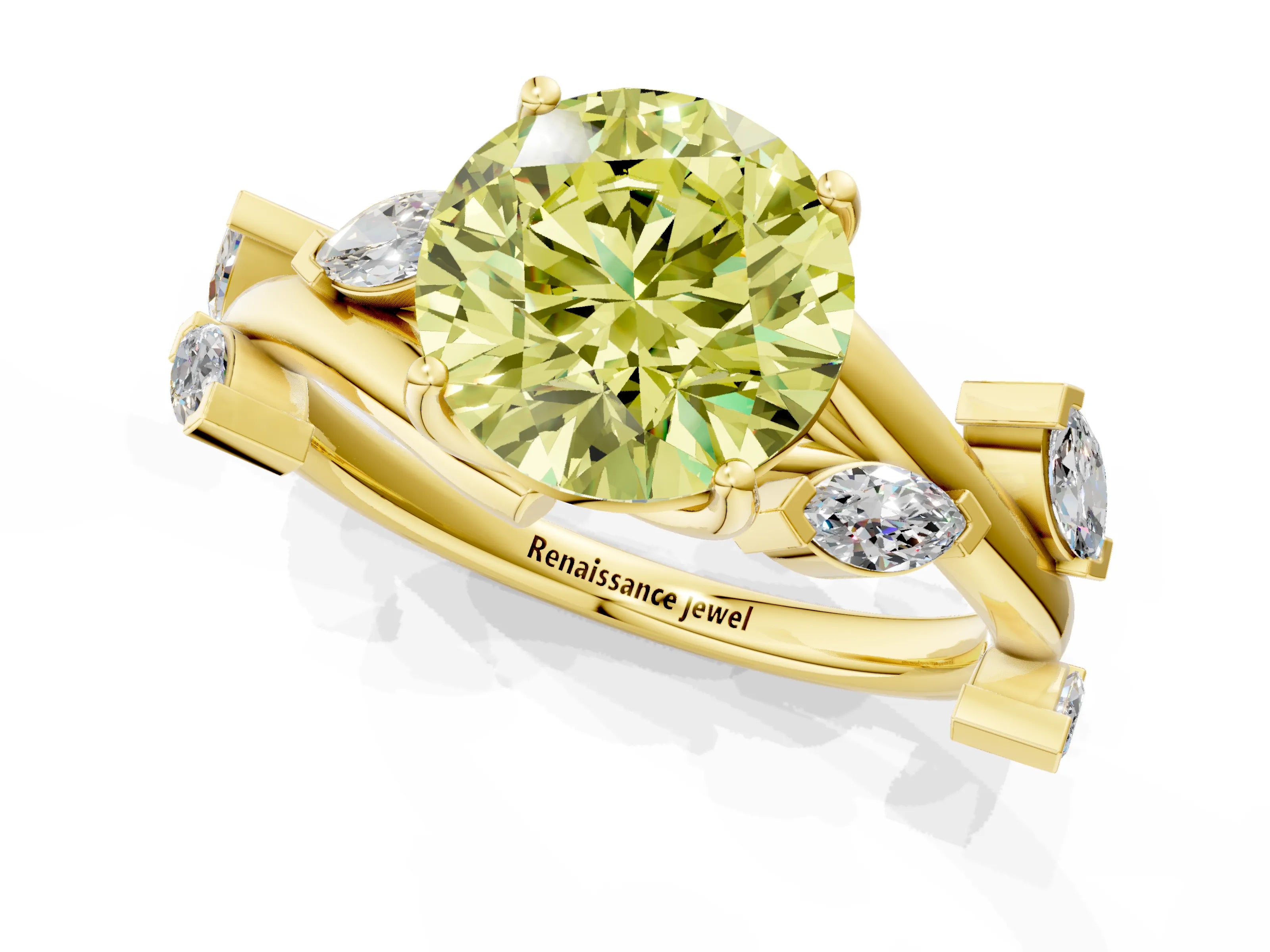 Yellow gold Fancy Yellow Round Cut Solitaire Twisted Band Marquise Accent Prong Setting Ring_13
