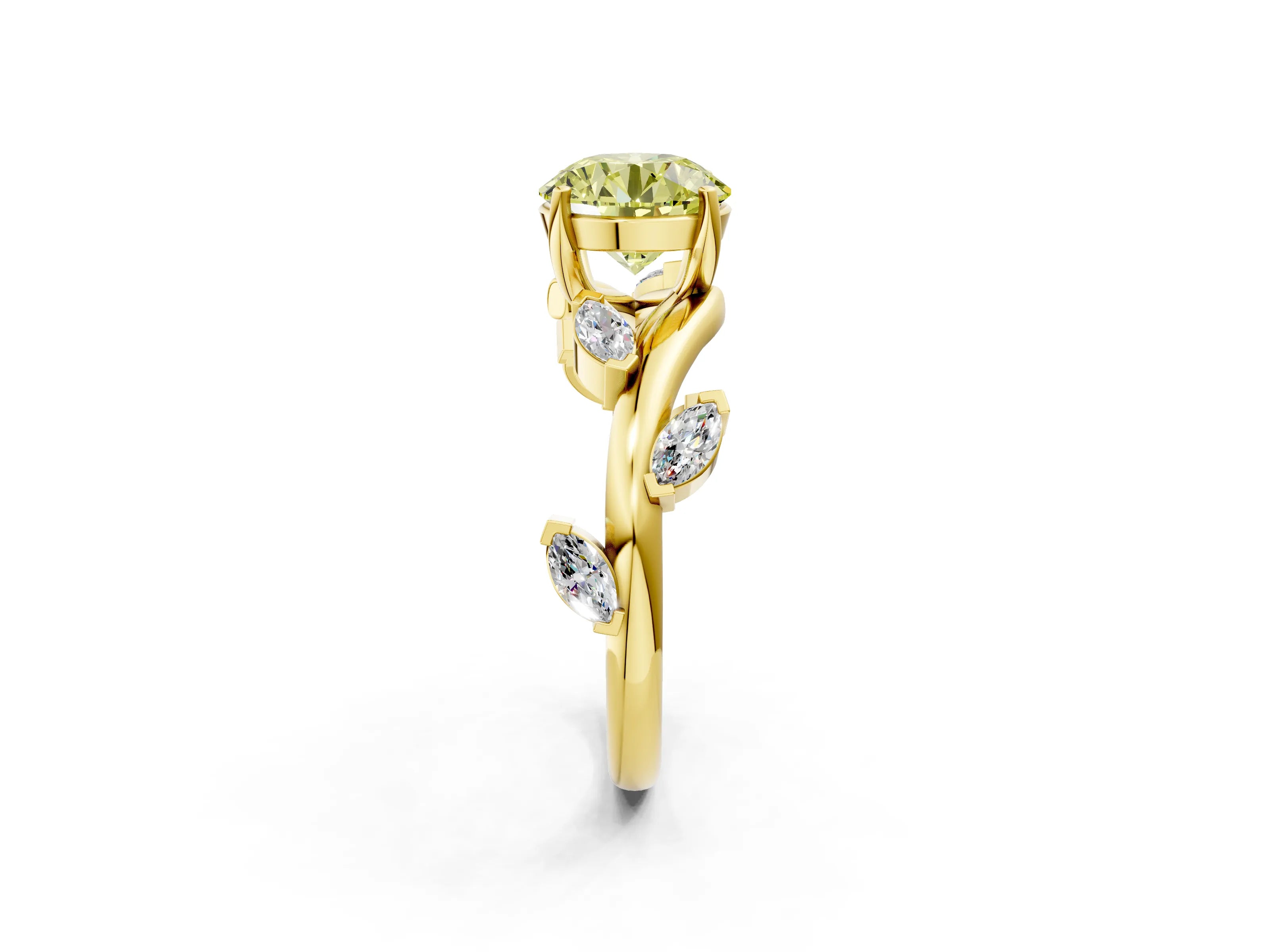 Yellow gold Fancy Yellow Round Cut Solitaire Twisted Band Marquise Accent Prong Setting Ring_14