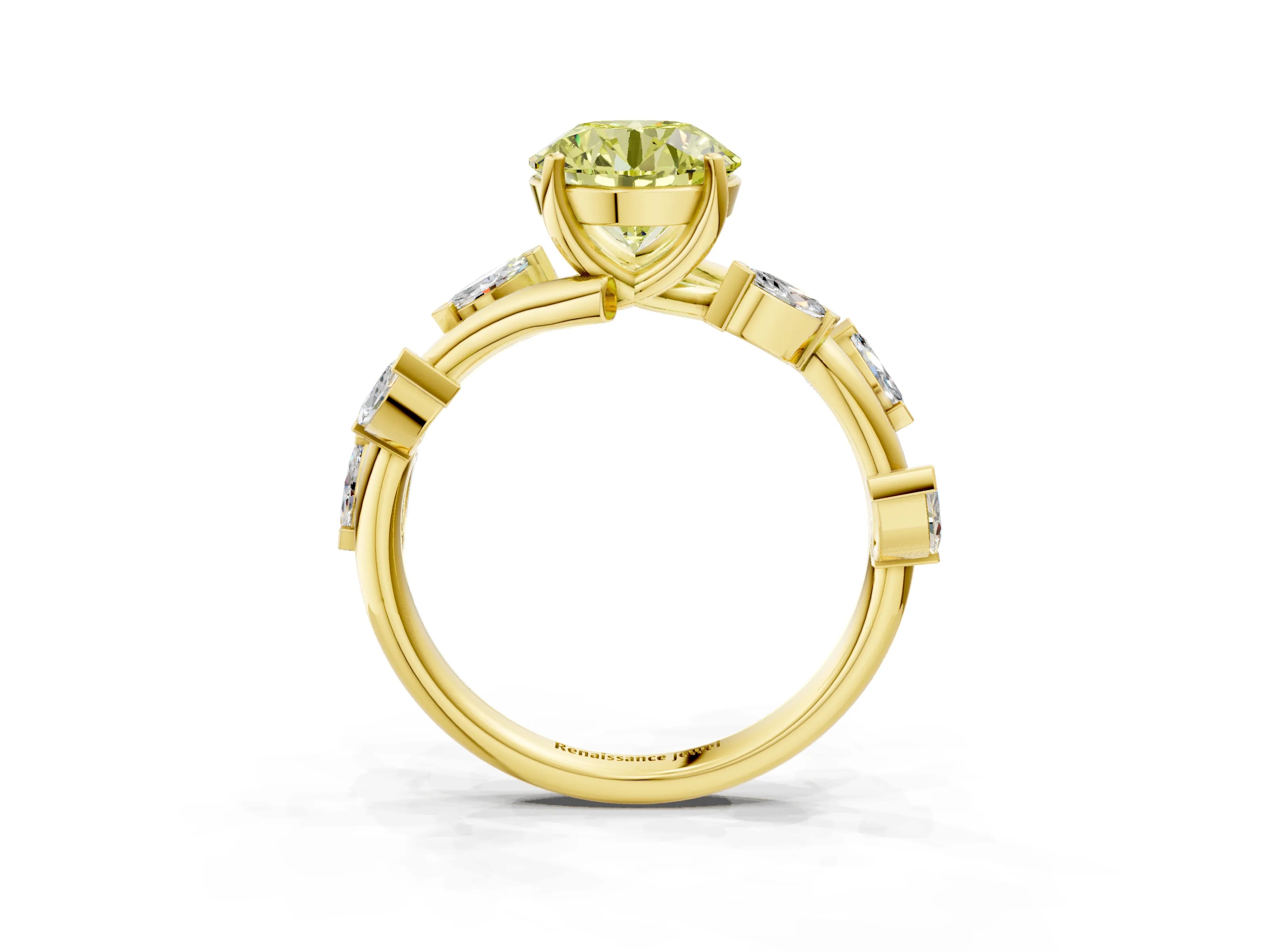 Yellow gold Fancy Yellow Round Cut Solitaire Twisted Band Marquise Accent Prong Setting Ring_15