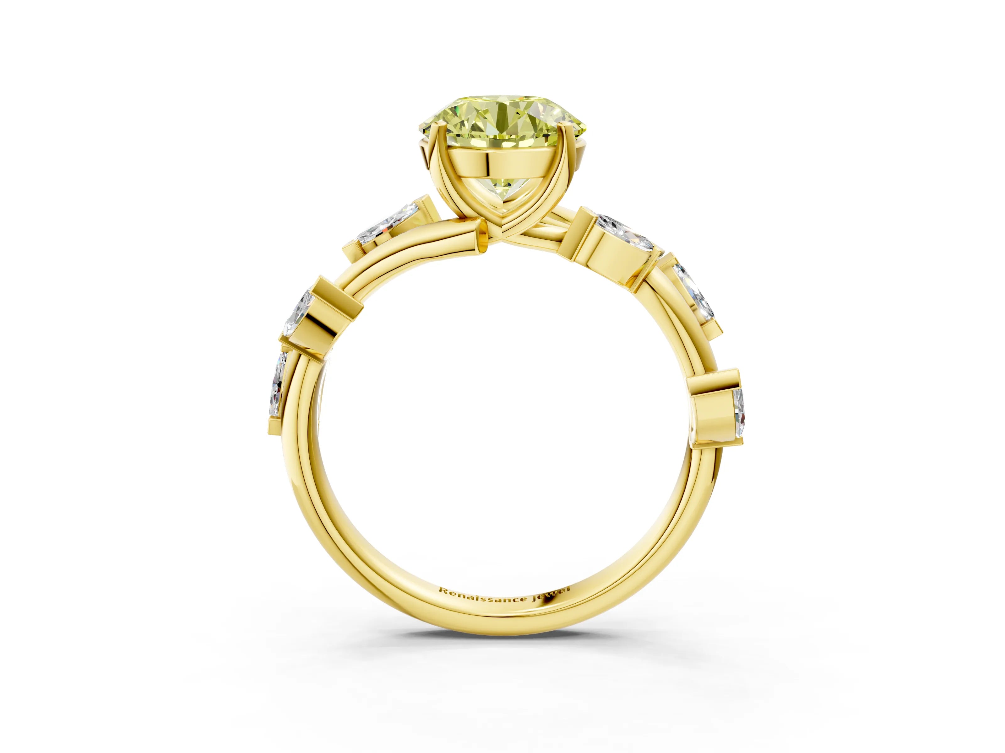 Yellow gold Fancy Yellow Round Cut Solitaire Twisted Band Marquise Accent Prong Setting Ring_3