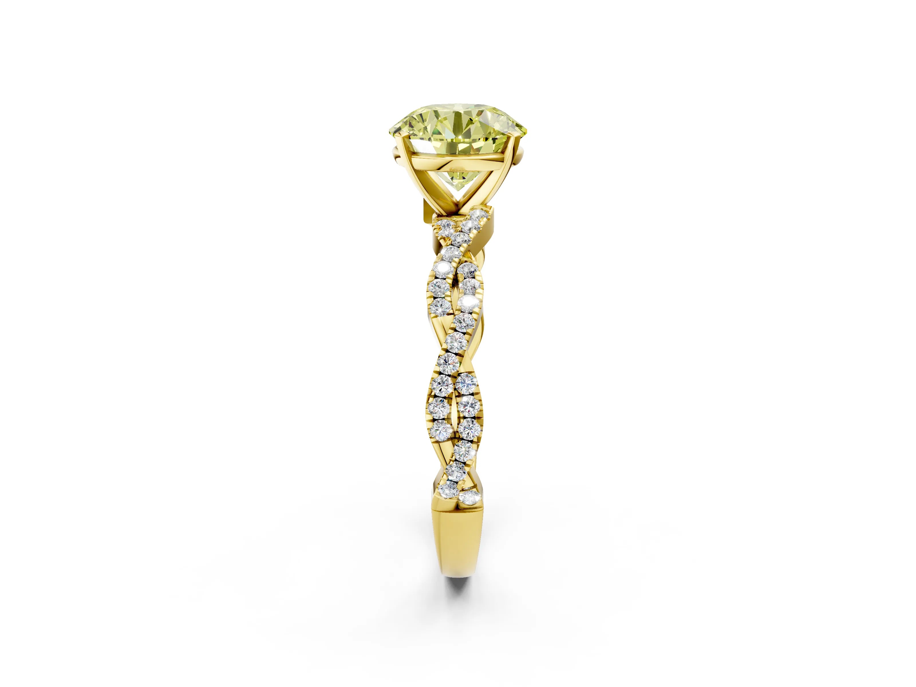 Yellow gold Fancy Yellow Round Cut Solitaire Twisted Pave Band with Four-Prong Setting_5