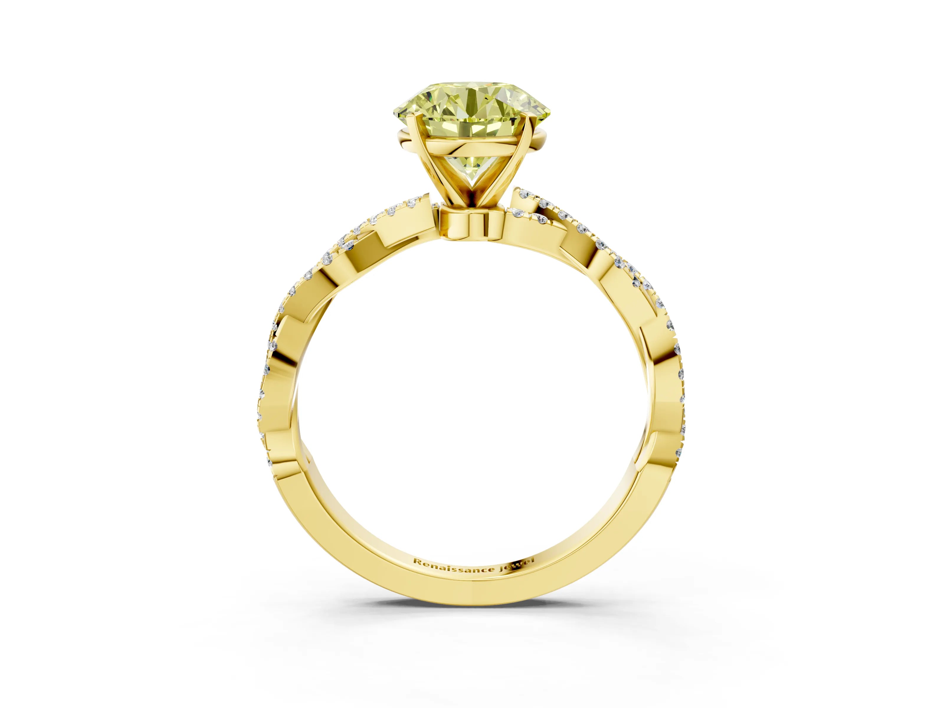 Yellow gold Fancy Yellow Round Cut Solitaire Twisted Pave Band with Four-Prong Setting_6