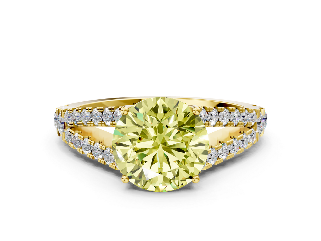 Yellow gold Fancy Yellow Round  Cut Split Shank Pave Diamond Engagement Ring with Four-Prong Setting