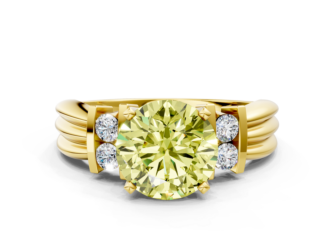 Yellow gold Fancy Yellow Round  Cut Three-Stone Channel Set Ring with Bar Prongs