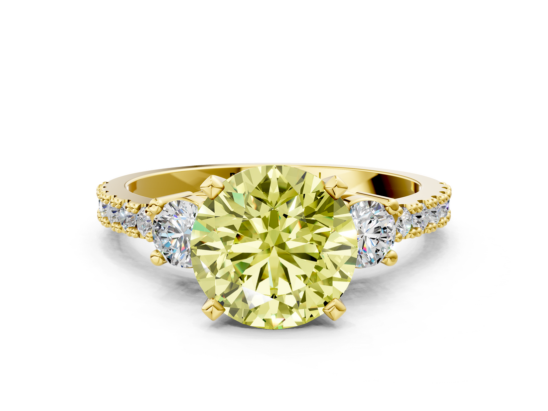 Yellow gold Fancy Yellow Round  Cut Three-Stone Diamond Pavé Band with Prong Setting