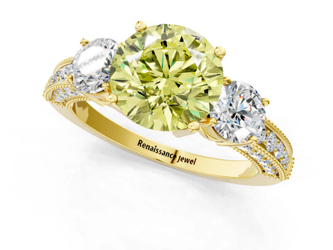 Yellow gold Fancy Yellow Round Cut Three-Stone Diamond Ring with Pavé Band and Four-Prong Setting_1