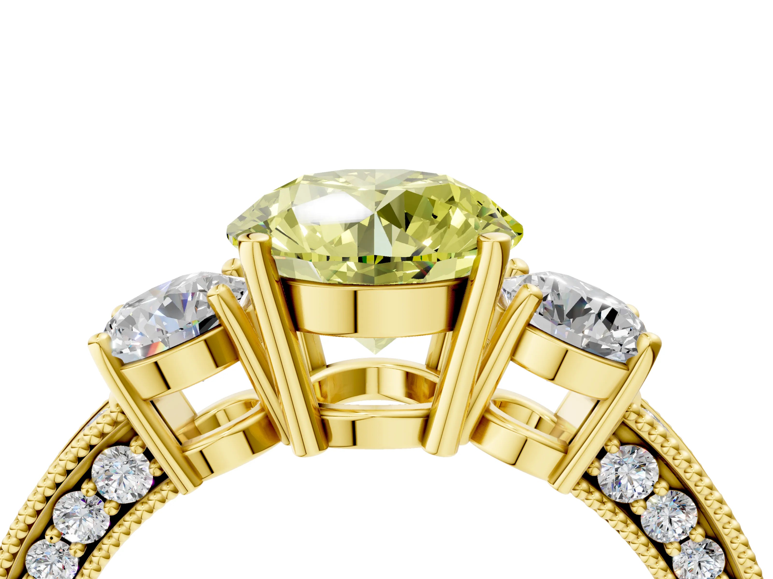 Yellow gold Fancy Yellow Round Cut Three-Stone Diamond Ring with Pavé Band and Four-Prong Setting_4
