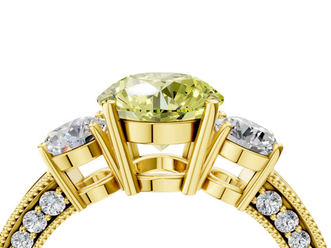 Yellow gold Fancy Yellow Round Cut Three-Stone Diamond Ring with Pavé Band and Four-Prong Setting_4