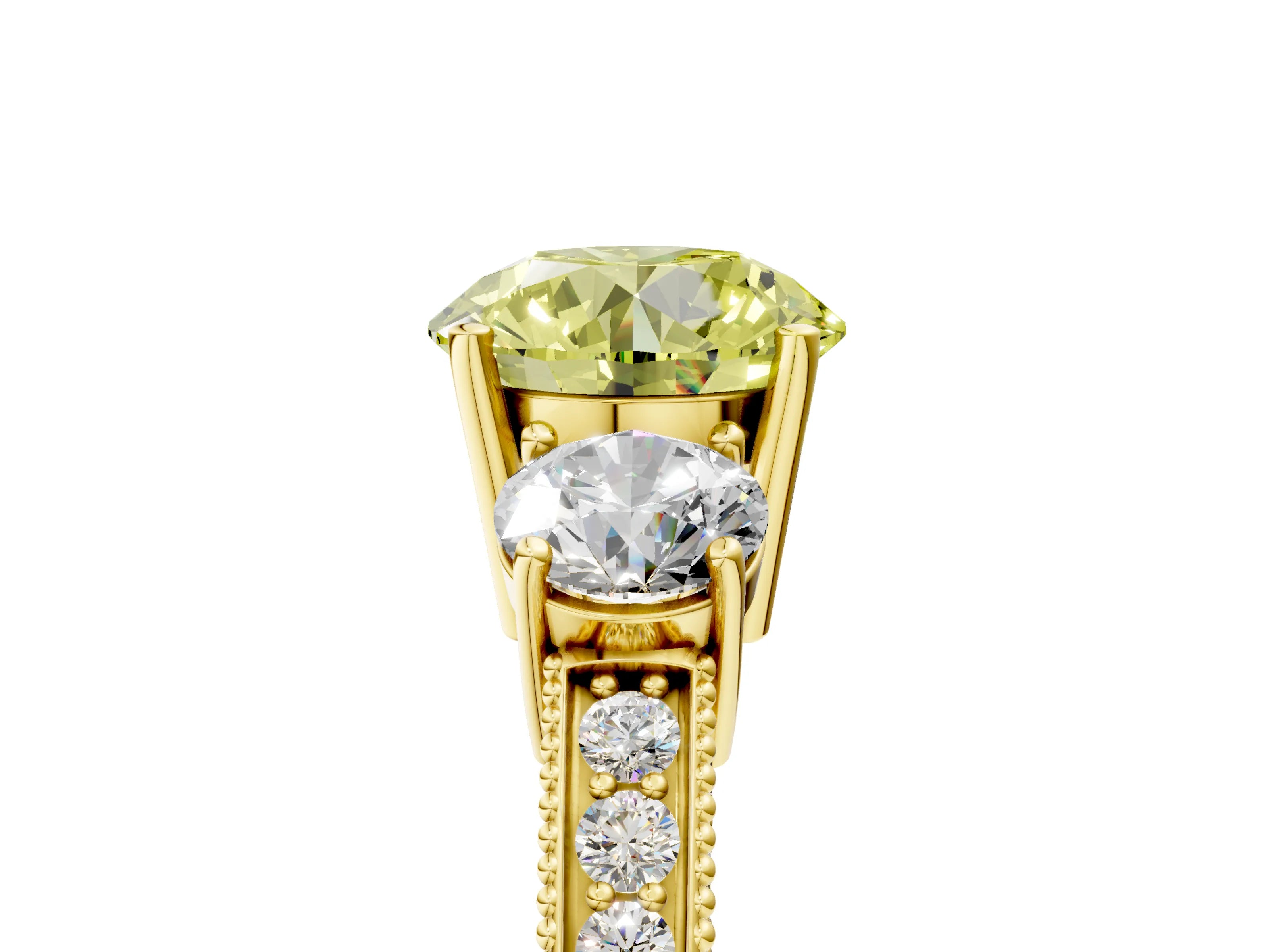 Yellow gold Fancy Yellow Round Cut Three-Stone Diamond Ring with Pavé Band and Four-Prong Setting_5