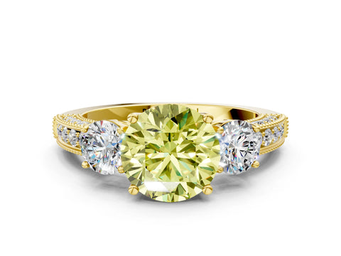 Yellow gold Fancy Yellow Round Cut Three-Stone Diamond Ring with Pavé Band and Four-Prong Setting