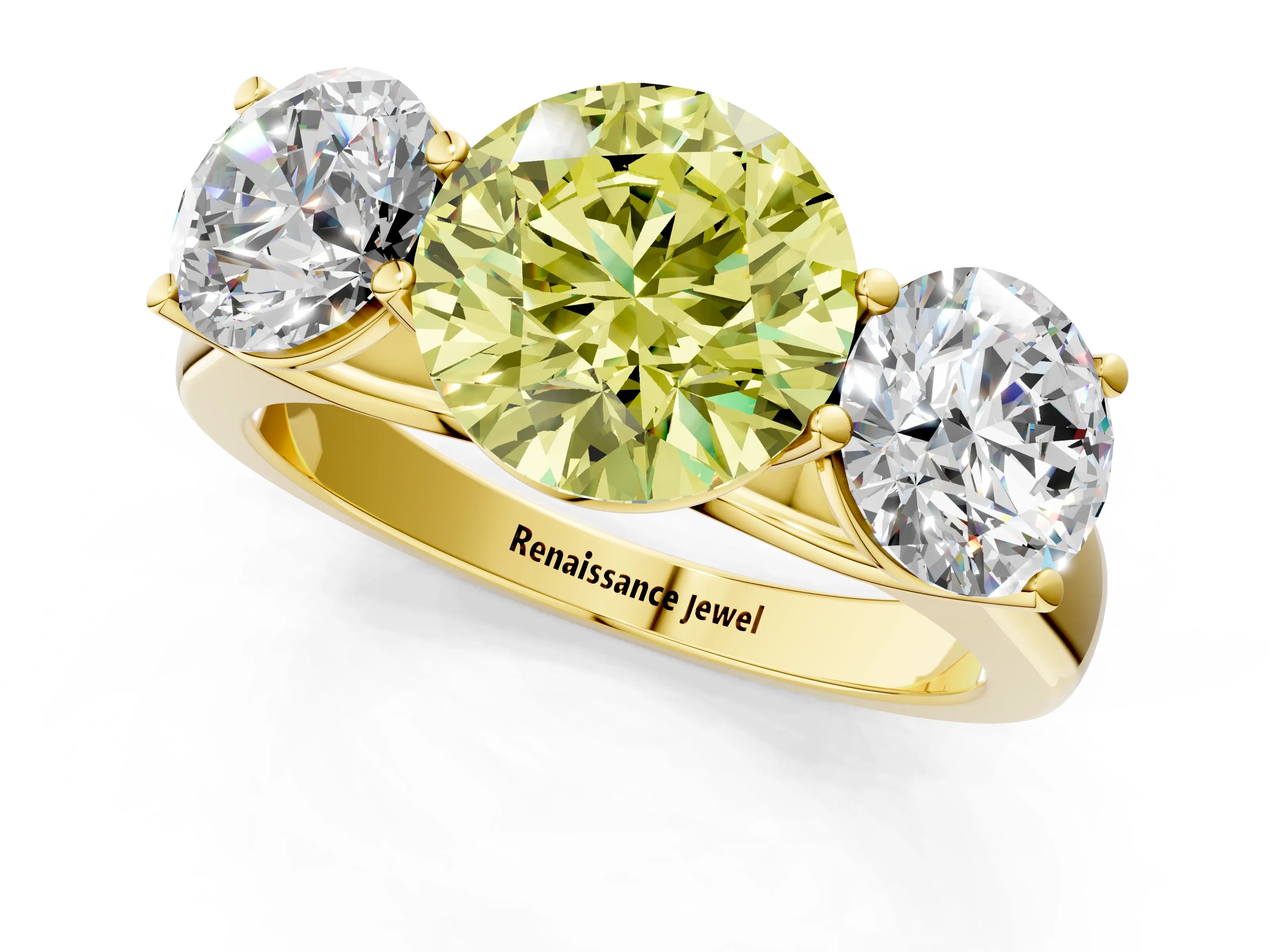 Yellow gold Fancy Yellow Round Cut Three-Stone Diamond Ring with Prong Setting on a Classic Band_1