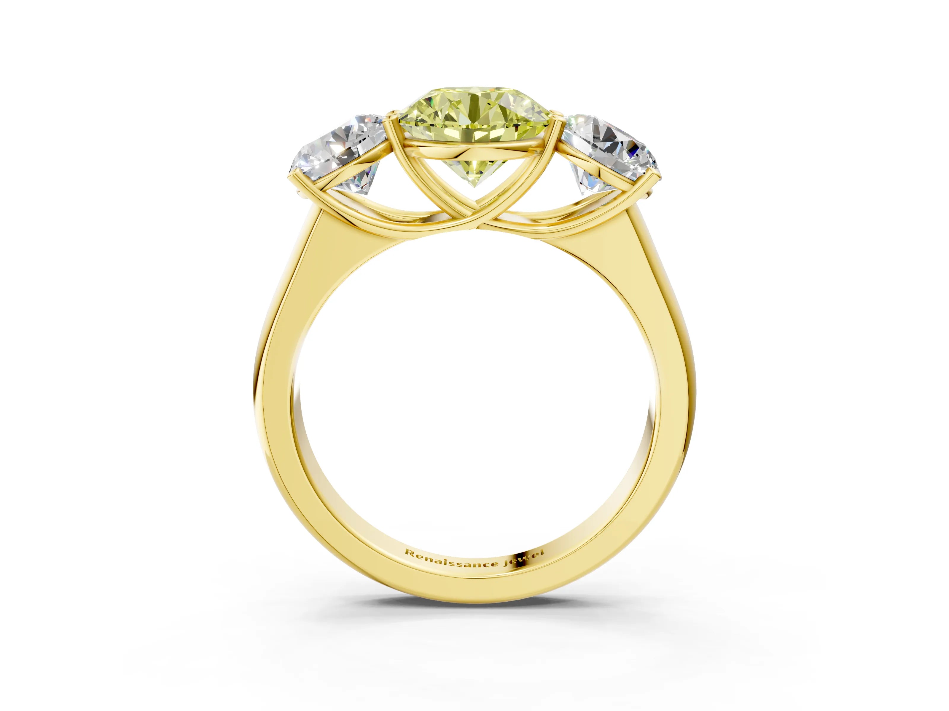 Yellow gold Fancy Yellow Round Cut Three-Stone Diamond Ring with Prong Setting on a Classic Band_3