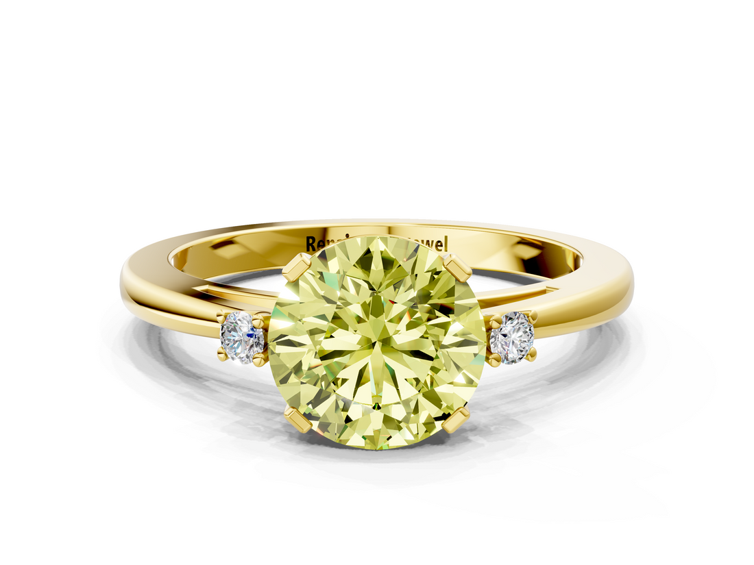 Yellow gold Fancy Yellow Round  Cut Three-Stone Solitaire Ring with Round Accent Diamonds and Four-Prong Setting