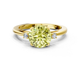 Yellow gold Fancy Yellow Round  Cut Three-Stone Solitaire Ring with Round Accent Diamonds and Four-Prong Setting