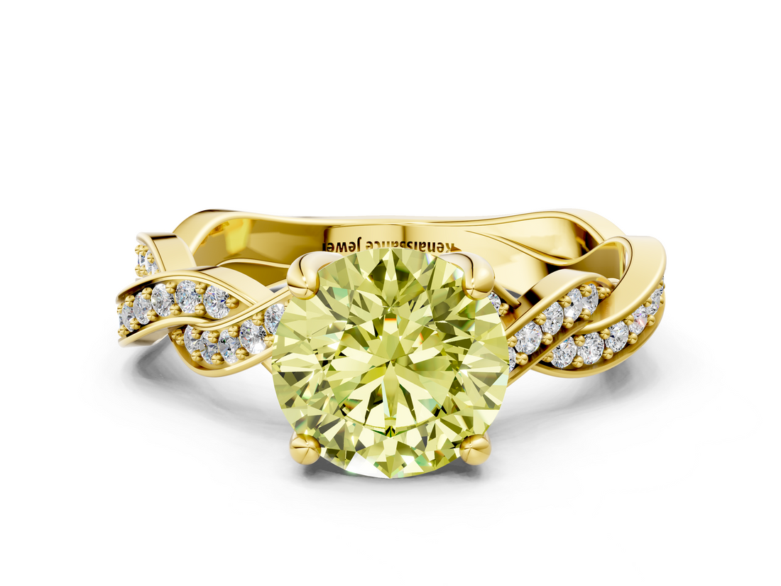 Yellow gold Fancy Yellow Round  Cut Twisted Pavé Band Solitaire Ring with Four-Prong Setting