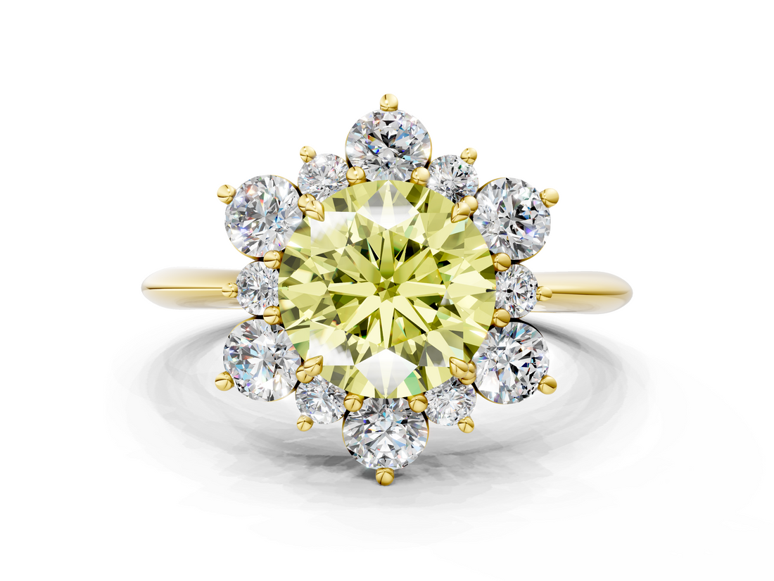Yellow gold Fancy Yellow Round  Diamond Cluster Halo Ring with Solitaire Band and Four-Prong Setting