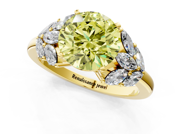 Yellow gold Fancy Yellow Round  Diamond Cluster Leaf Design Ring with Prong Setting