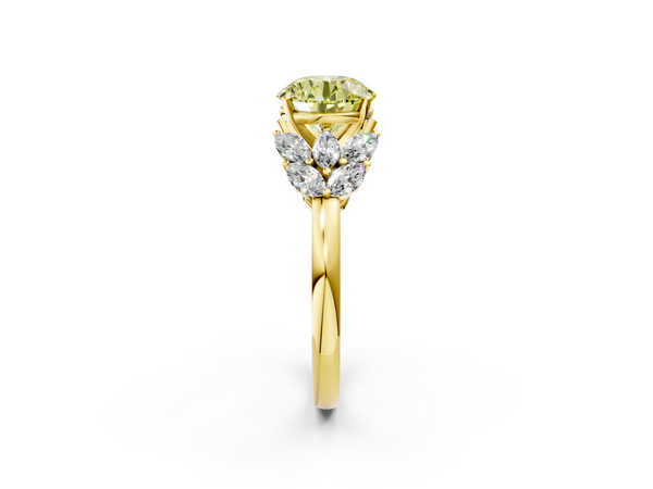 Yellow gold Fancy Yellow Round  Diamond Cluster Leaf Design Ring with Prong Setting