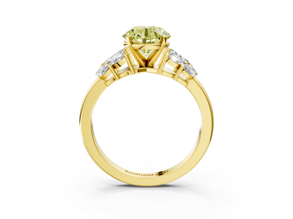 Yellow gold Fancy Yellow Round  Diamond Cluster Leaf Design Ring with Prong Setting