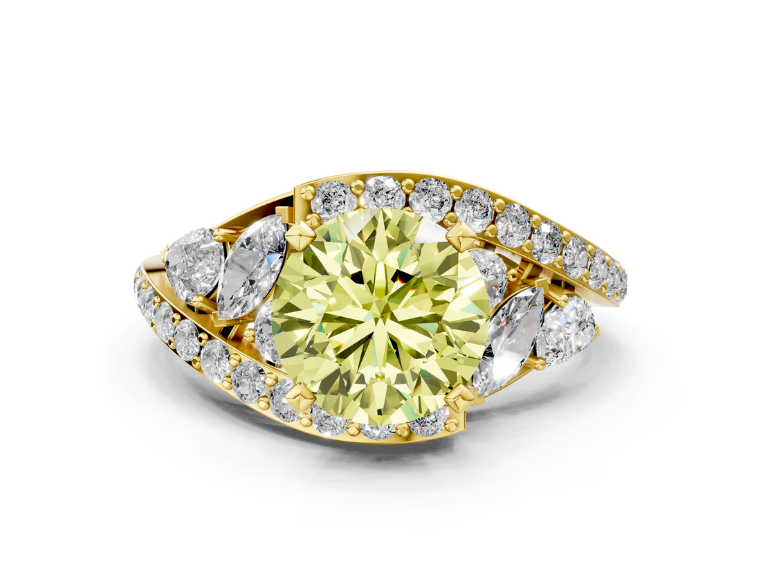Yellow gold Fancy Yellow Round  Diamond Halo Ring with Marquise and Pavé Band in Prong Setting