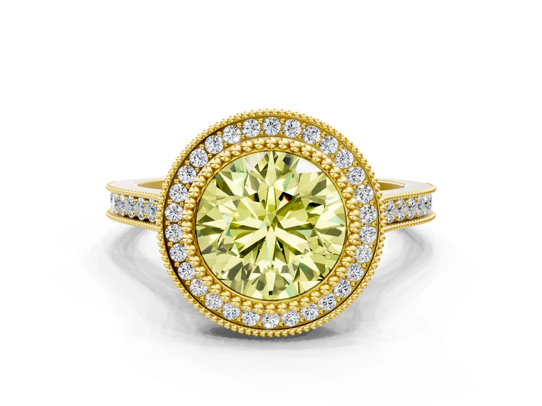 Yellow gold Fancy Yellow Round  Diamond Halo Ring with Milgrain Frame and Pavé Band_23