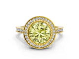 Yellow gold Fancy Yellow Round  Diamond Halo Ring with Milgrain Frame and Pavé Band_23