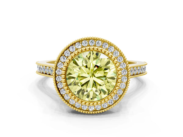 Yellow gold Fancy Yellow Round  Diamond Halo Ring with Milgrain Frame and Pavé Band